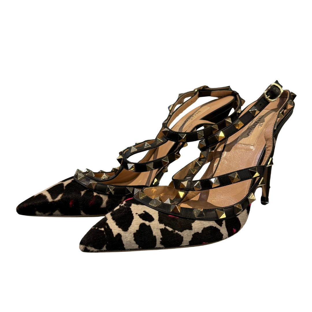 Pink/Black Leopard Print Pony Hair Rockstud T-Strap Pumps 40