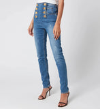 Women's High Waist 8 Button Vintage Skinny Jeans - Blue