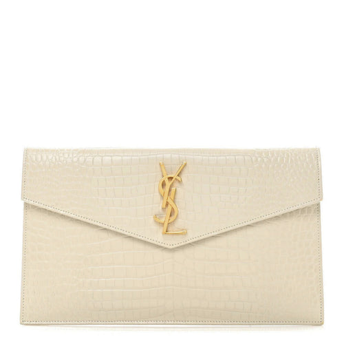Calfskin Crocodile Embossed Uptown Monogram Pouch Crema Soft