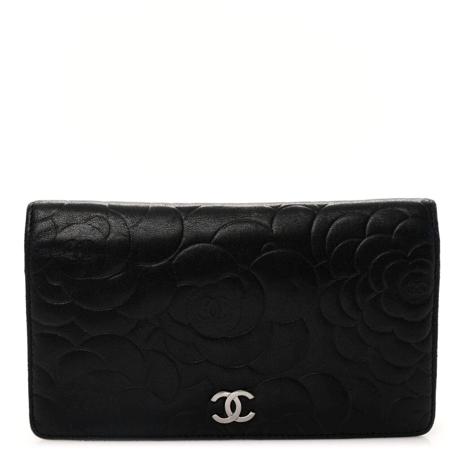 Lambskin Camellia Embossed Yen Wallet Black