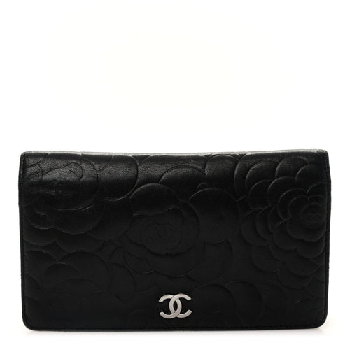 Lambskin Camellia Embossed Yen Wallet Black