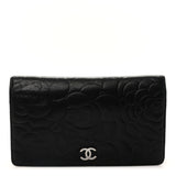 Lambskin Camellia Embossed Yen Wallet Black