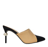 Beige/Black Leather and Canvas CC Pearl Embellished Heel Mules 39