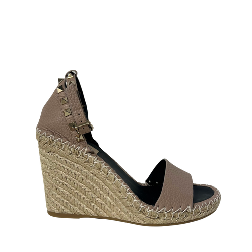 Pink Leather Rockstud Ankle Strap Wedge Espadrille Sandals 38