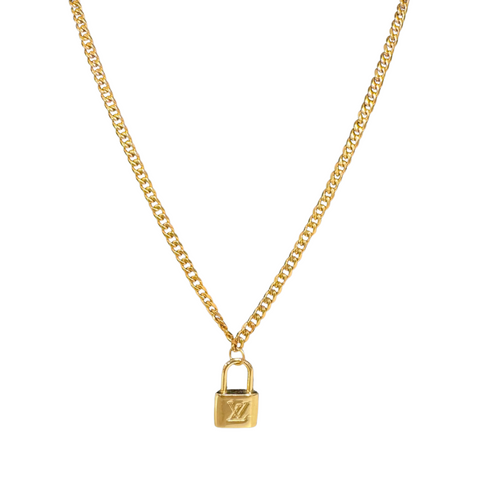 Repurposed Monogram Black Pendant Necklace in Cuban Link