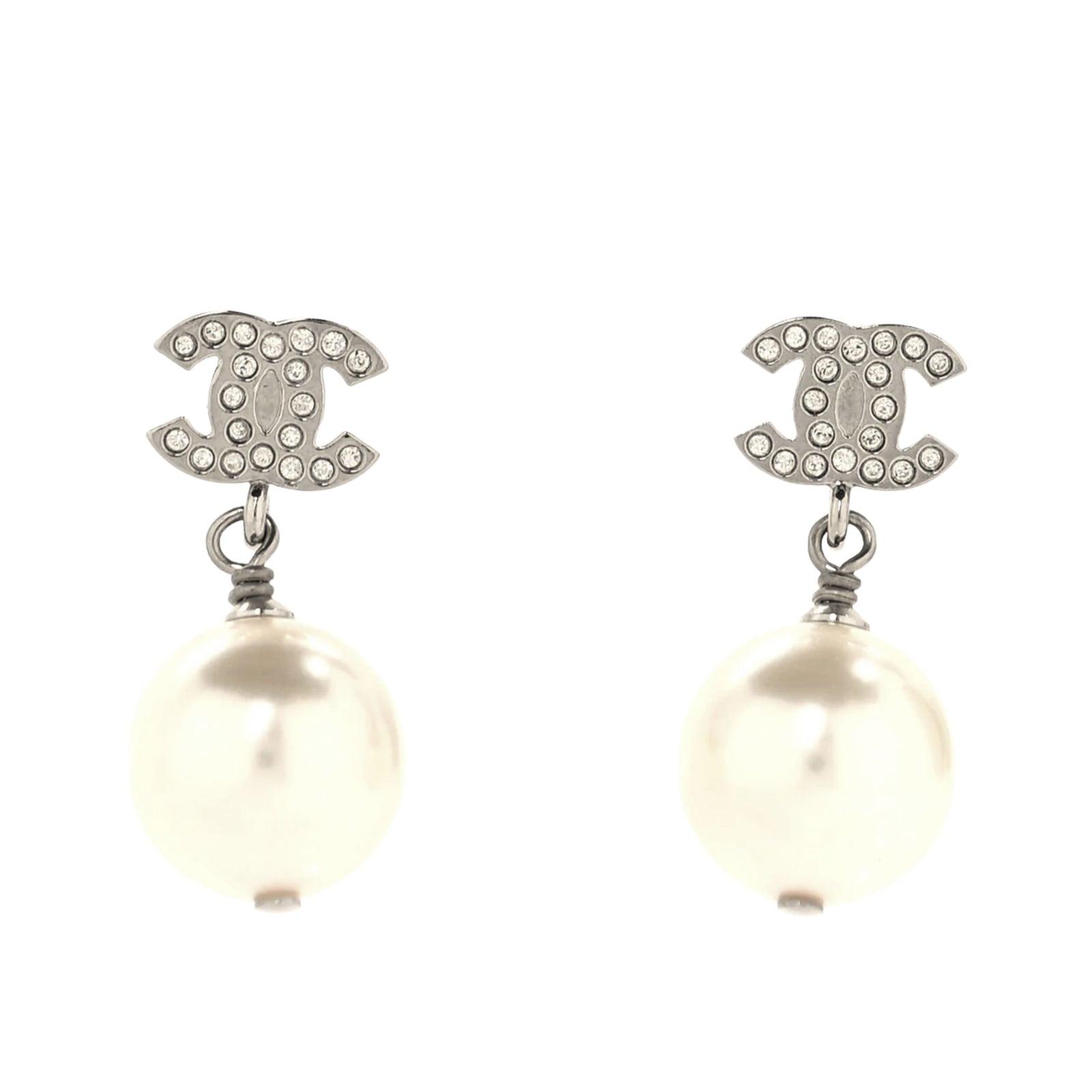 Crystal Pearl CC Drop Earrings Silver Pearly White