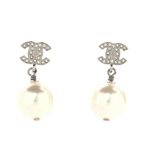 Crystal Pearl CC Drop Earrings Silver Pearly White