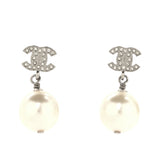 Crystal Pearl CC Drop Earrings Silver Pearly White