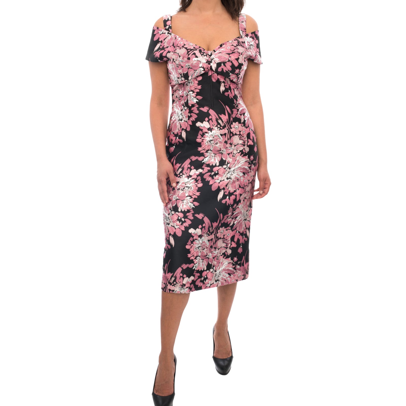 Pink and Silver Brocade Midi Dress