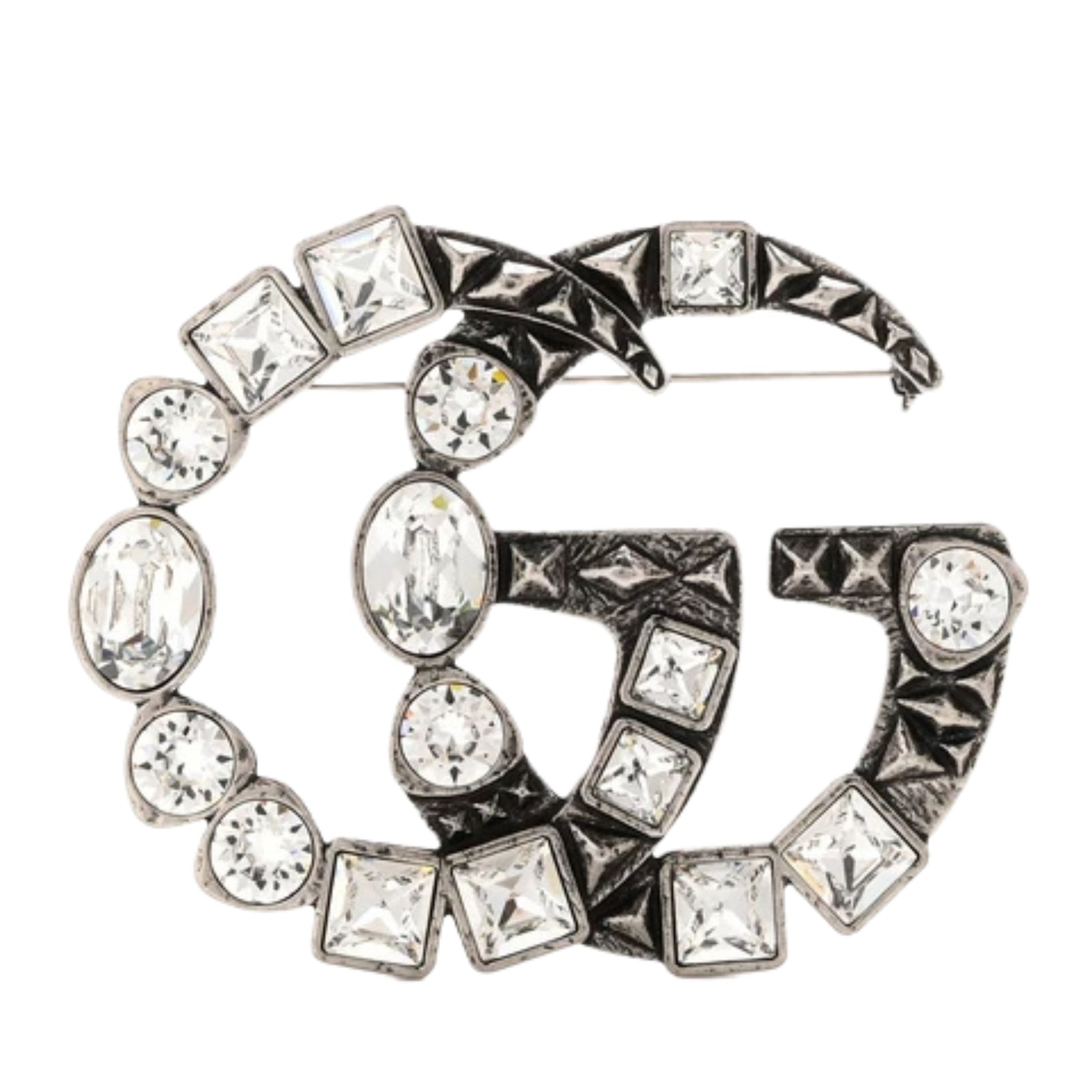 Metal Crystal Double G Brooch Silver