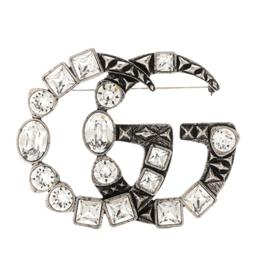Metal Crystal Double G Brooch Silver