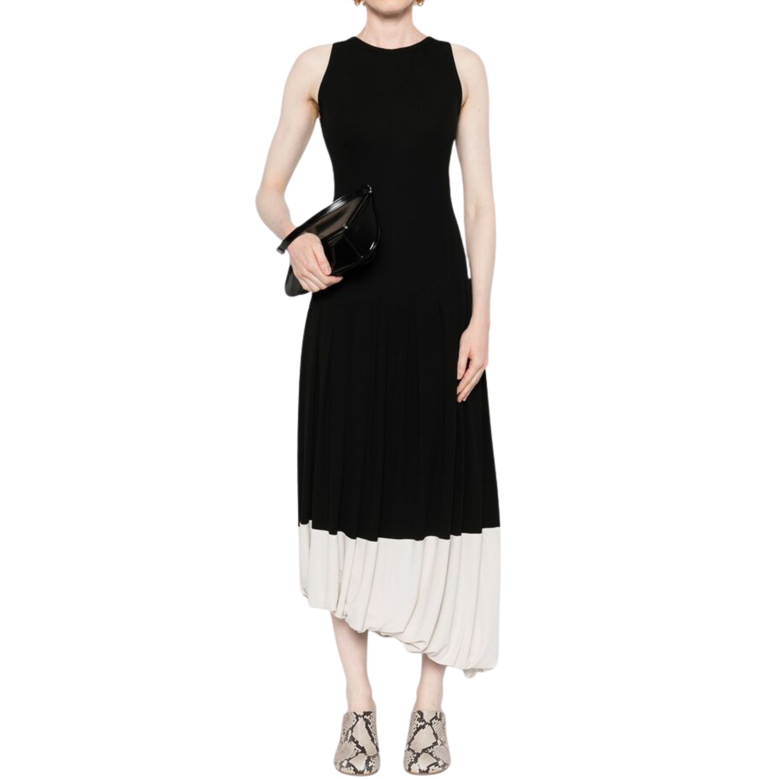 Black Pleated Crepe Midi Dress