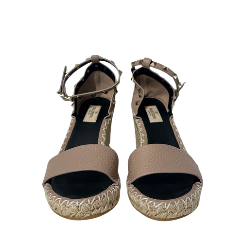 Pink Leather Rockstud Ankle Strap Wedge Espadrille Sandals 38