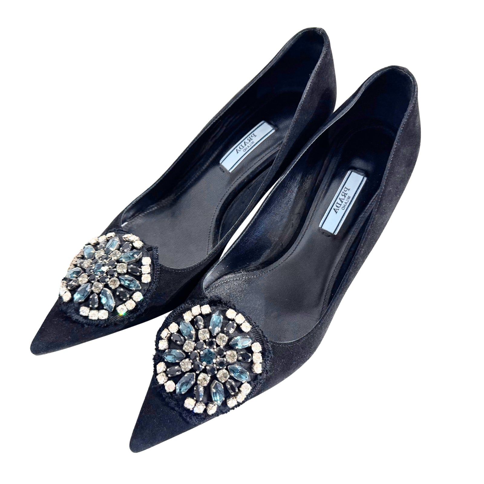 Black Suede Heels with Crystal Embellishments 38