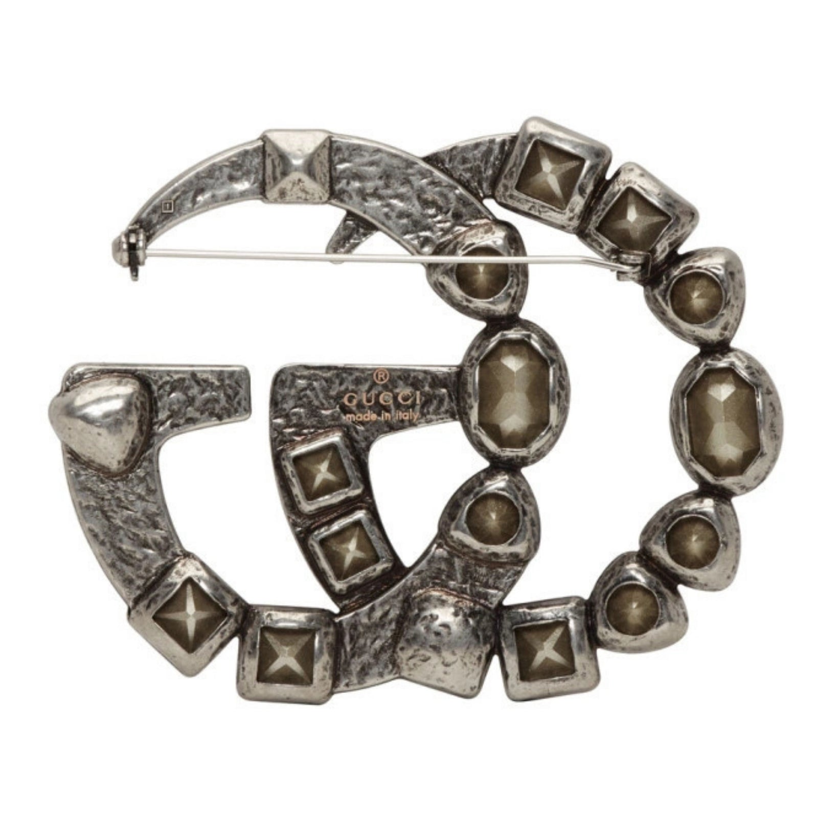 Metal Crystal Double G Brooch Silver