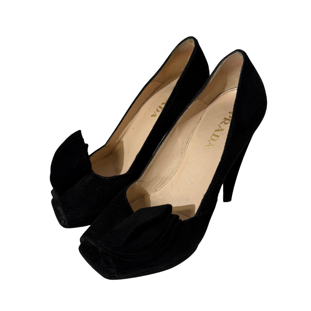 Black Suede Peep Toe Pumps with Ruffle 35.5