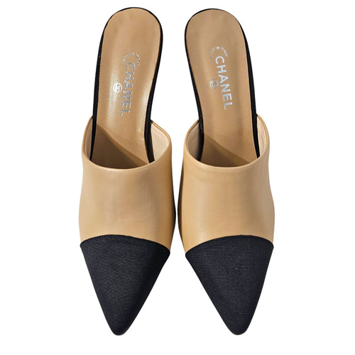 Beige/Black Leather and Canvas CC Pearl Embellished Heel Mules 39