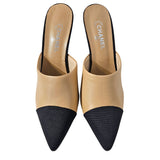 Beige/Black Leather and Canvas CC Pearl Embellished Heel Mules 39