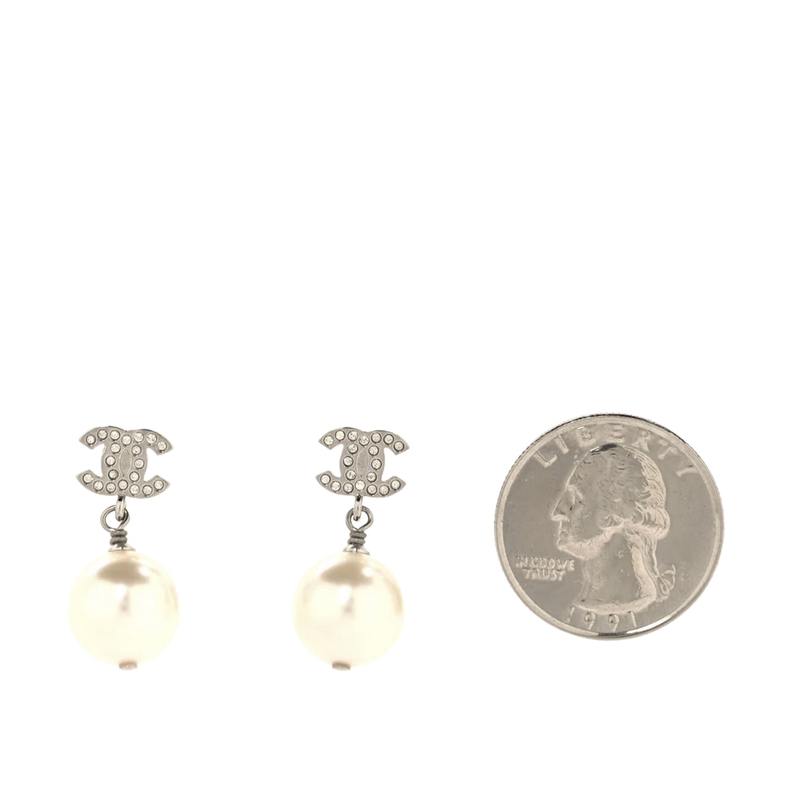 Crystal Pearl CC Drop Earrings Silver Pearly White