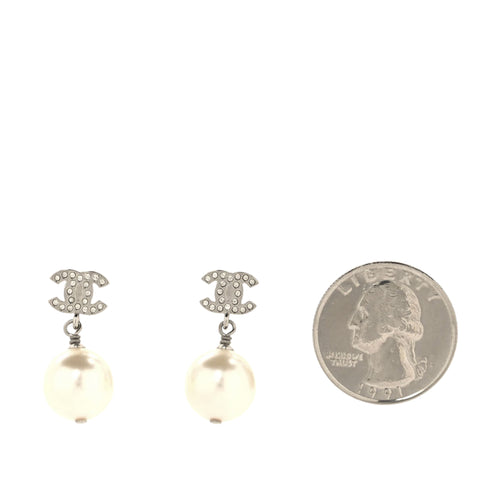 Crystal Pearl CC Drop Earrings Silver Pearly White