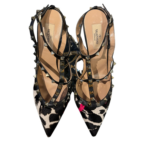 Pink/Black Leopard Print Pony Hair Rockstud T-Strap Pumps 40
