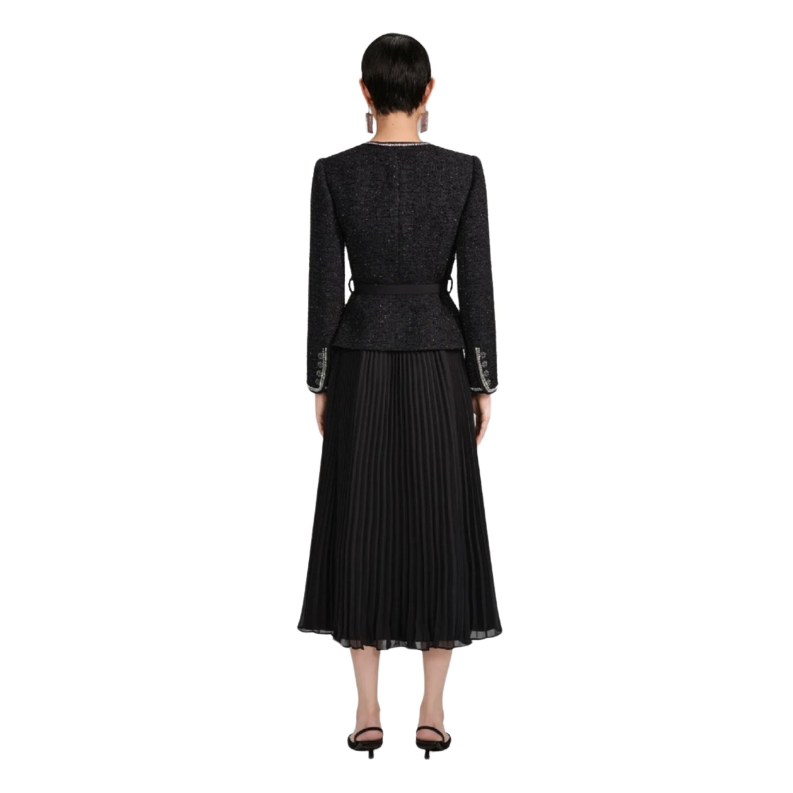 Black Metallic Boucle and Chiffon Midi Dress