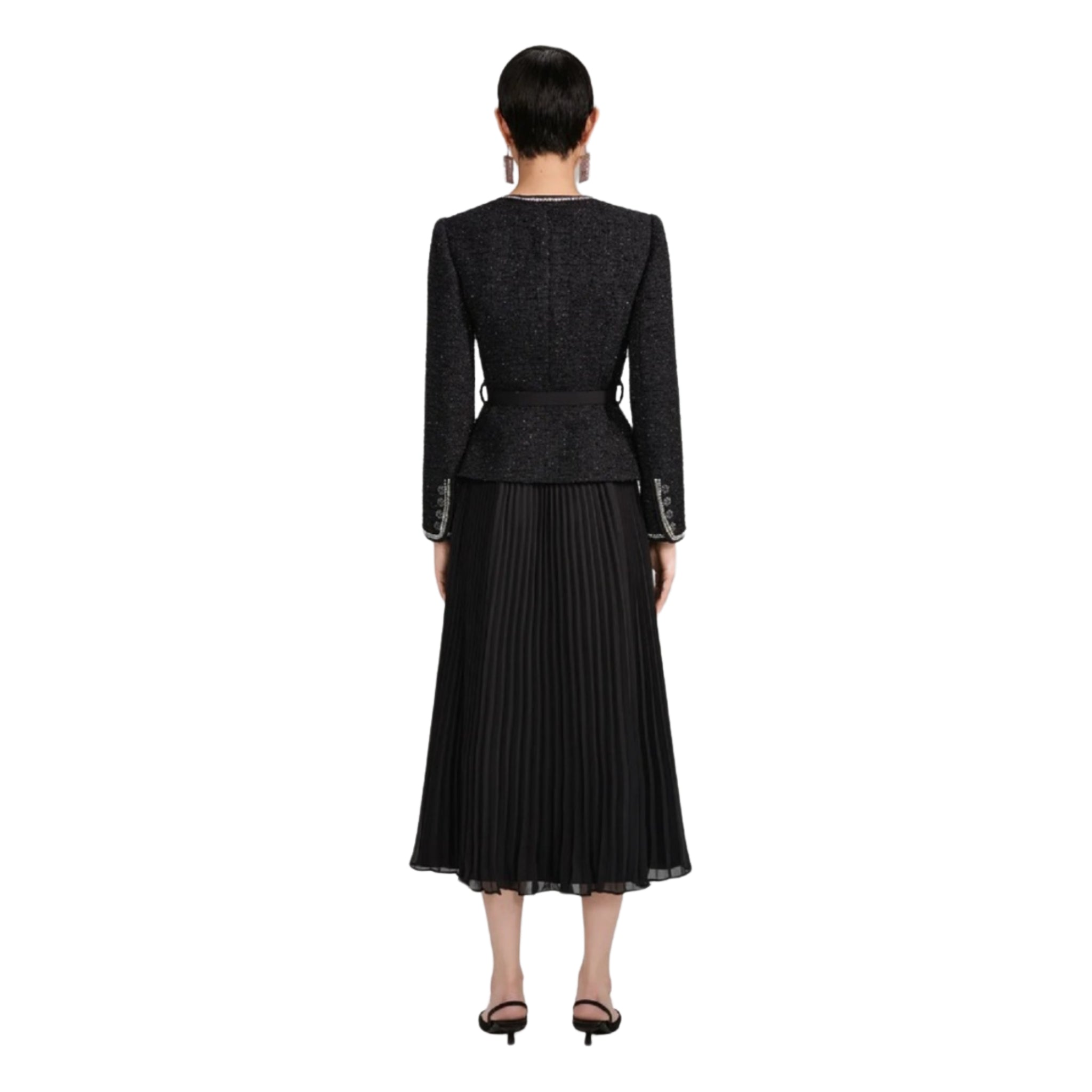 Black Metallic Boucle and Chiffon Midi Dress