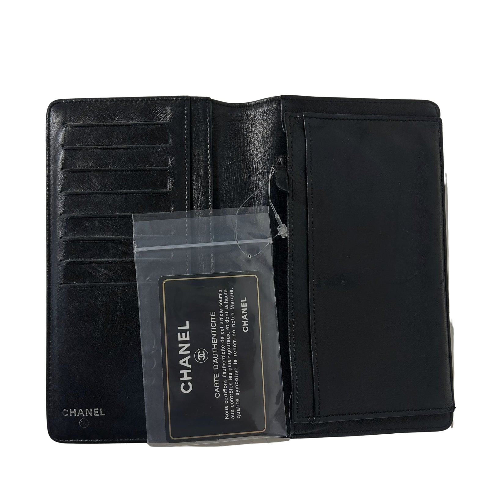Lambskin Camellia Embossed Yen Wallet Black