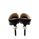Beige/Black Leather and Canvas CC Pearl Embellished Heel Mules 39