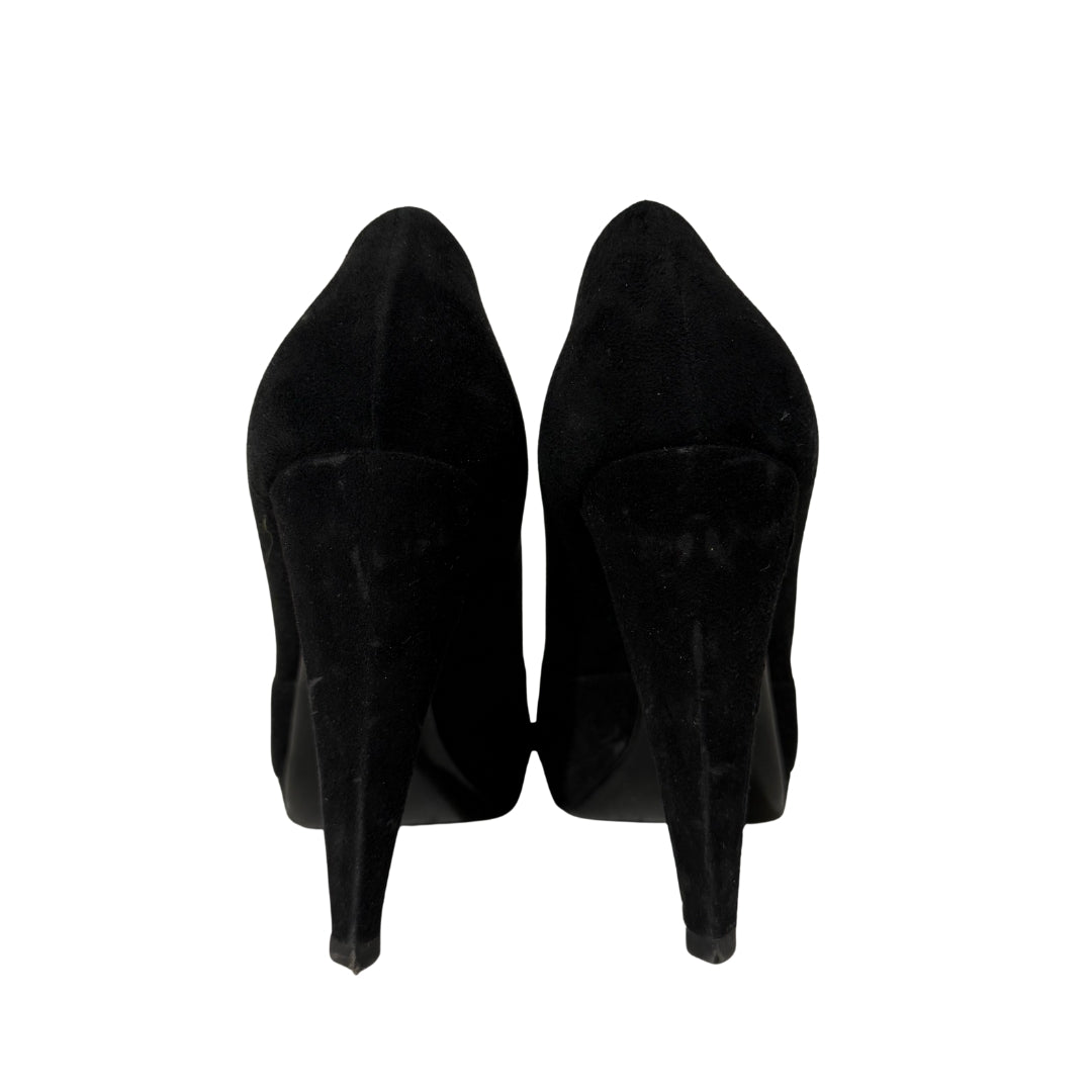 Black Suede Peep Toe Pumps with Ruffle 35.5
