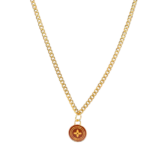 Repurposed Monogram Red Pendant Necklace in Cuban Link