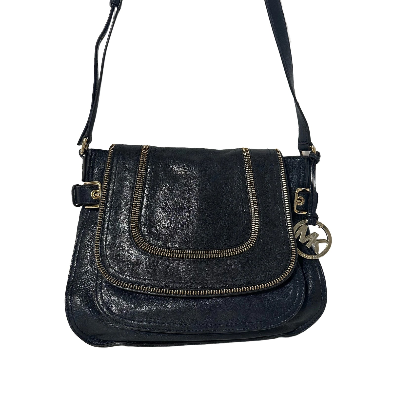 Dark Blue Crossbody with Gold Zipper Embellishments