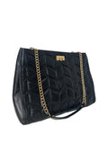 Black Quilted Leather Tote w Gold Chain