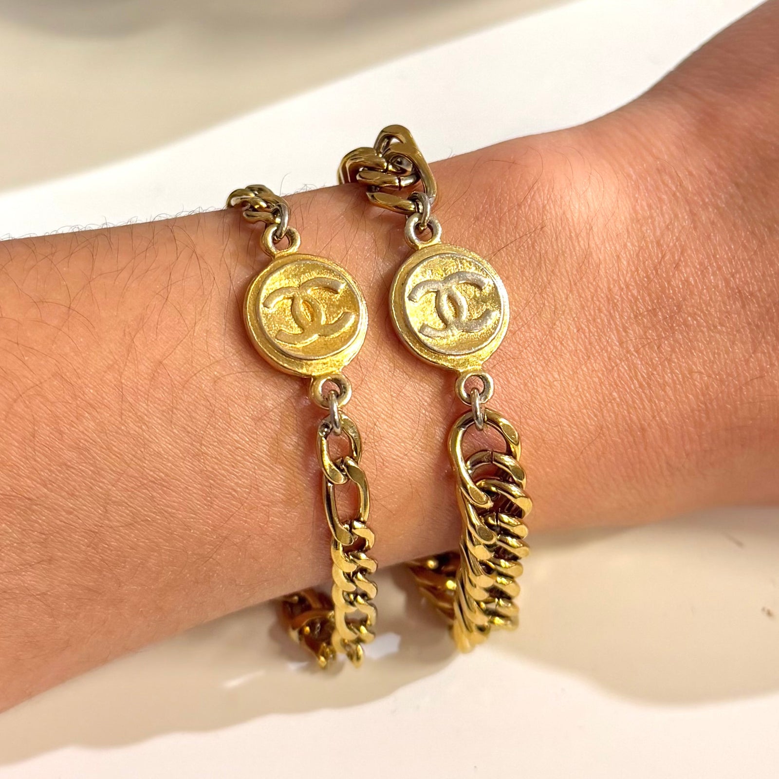 Repurposed Chanel Pendant in Figaro Bracelet