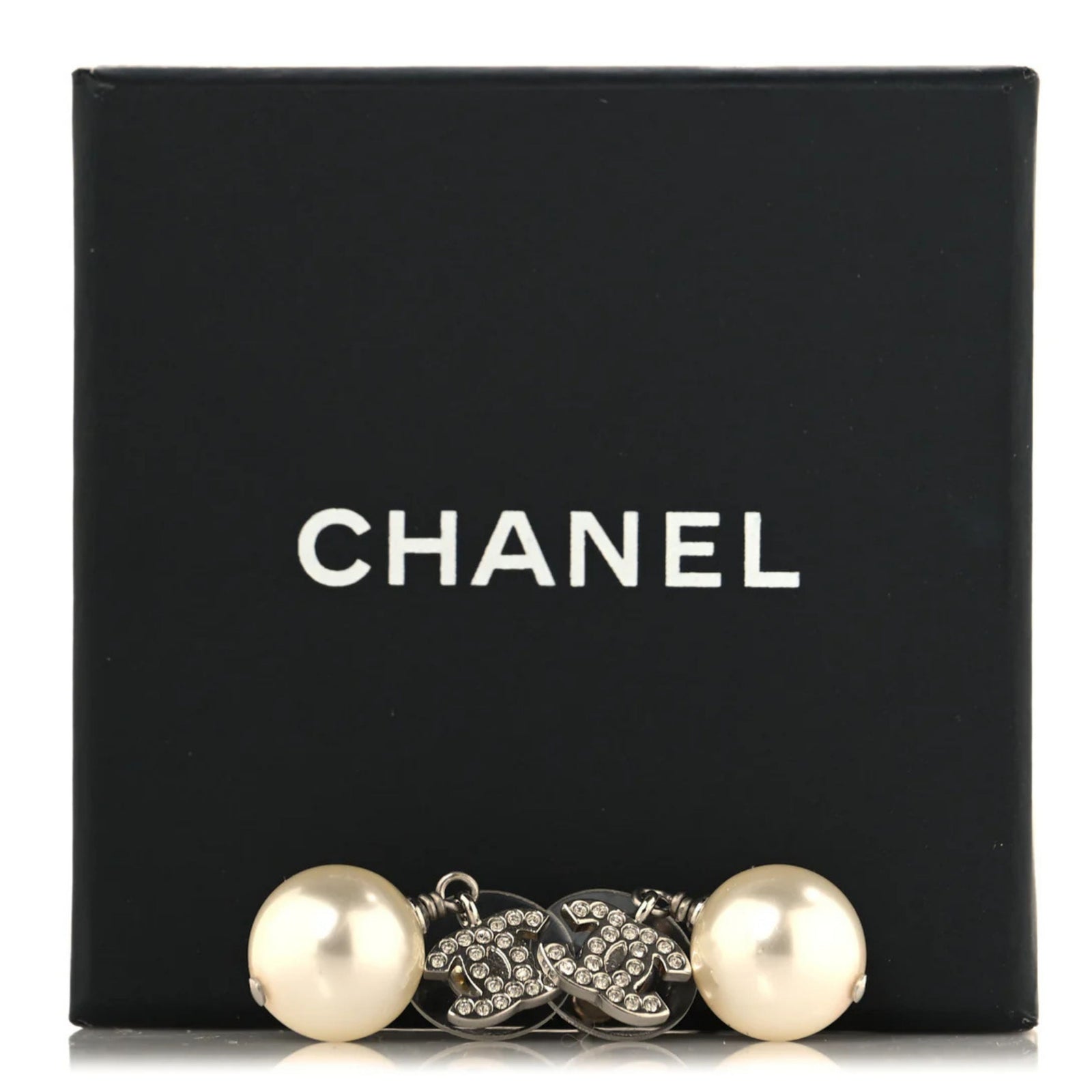 Crystal Pearl CC Drop Earrings Silver Pearly White