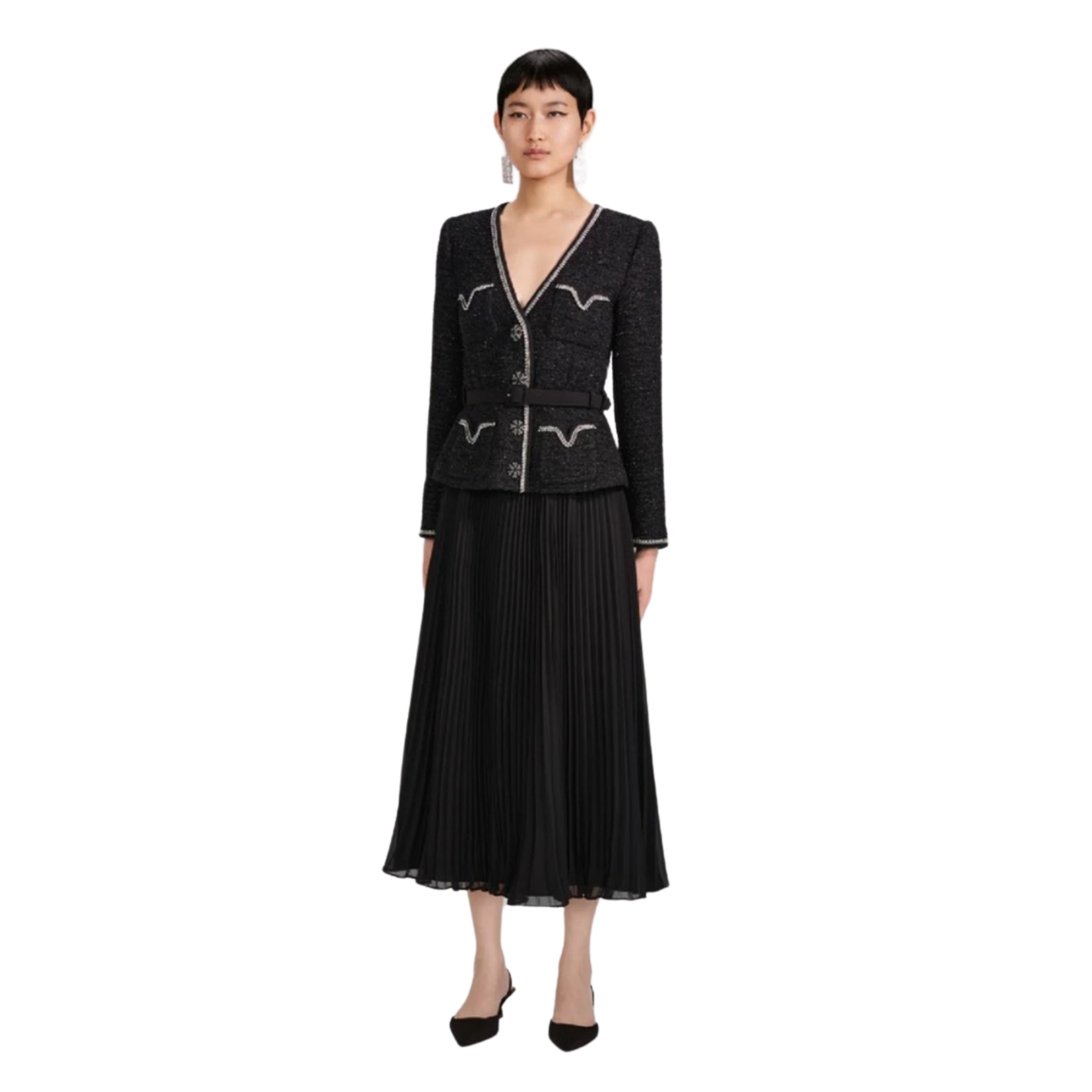 Black Metallic Boucle and Chiffon Midi Dress