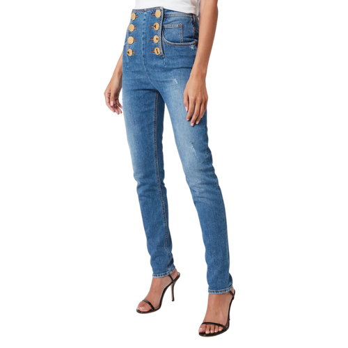 Women's High Waist 8 Button Vintage Skinny Jeans - Blue