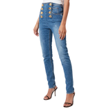 Women's High Waist 8 Button Vintage Skinny Jeans - Blue