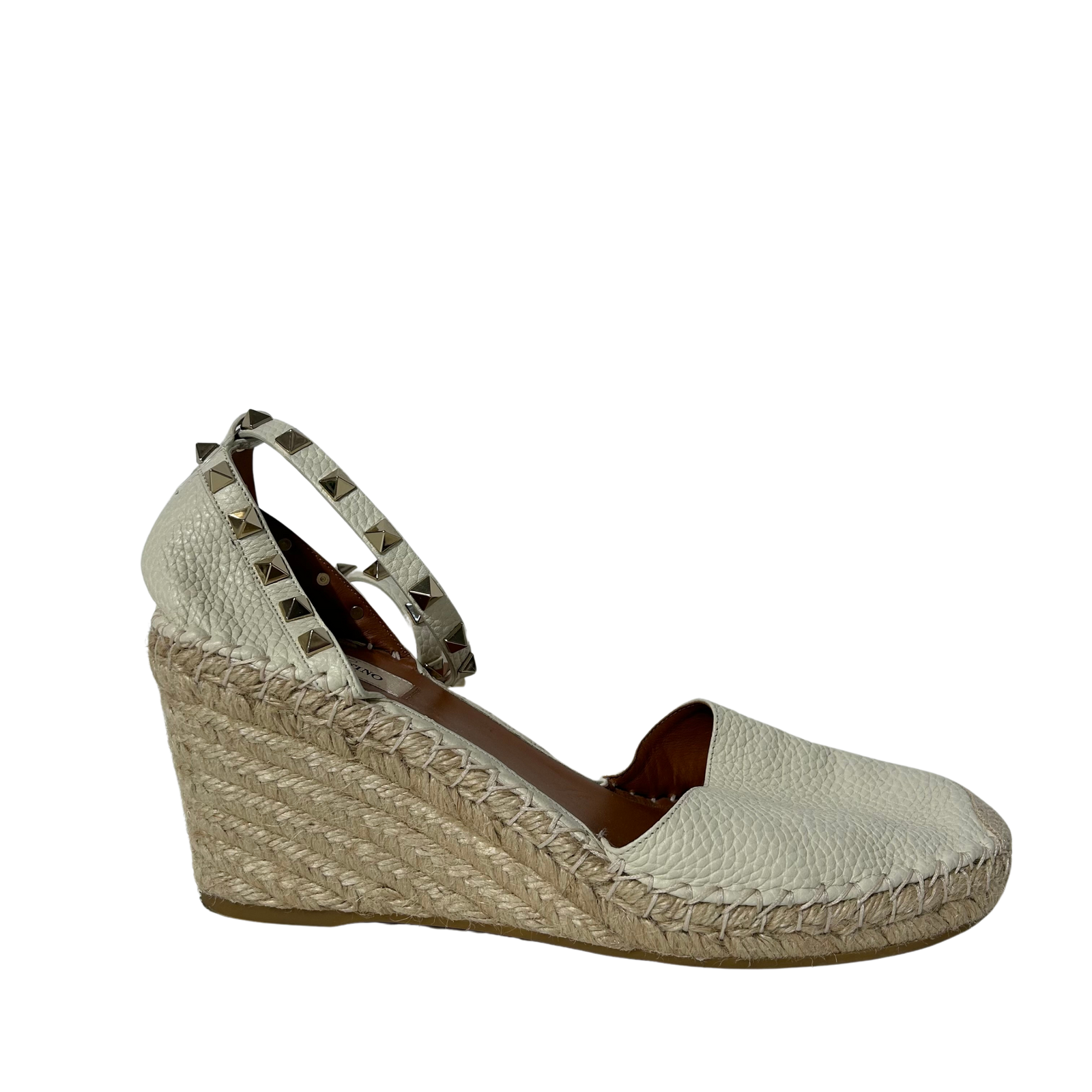 White Leather Rockstud Espadrille Wedge Ankle Wrap 41