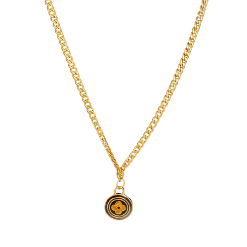 Repurposed Monogram Black Pendant Necklace in Cuban Link