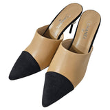 Beige/Black Leather and Canvas CC Pearl Embellished Heel Mules 39
