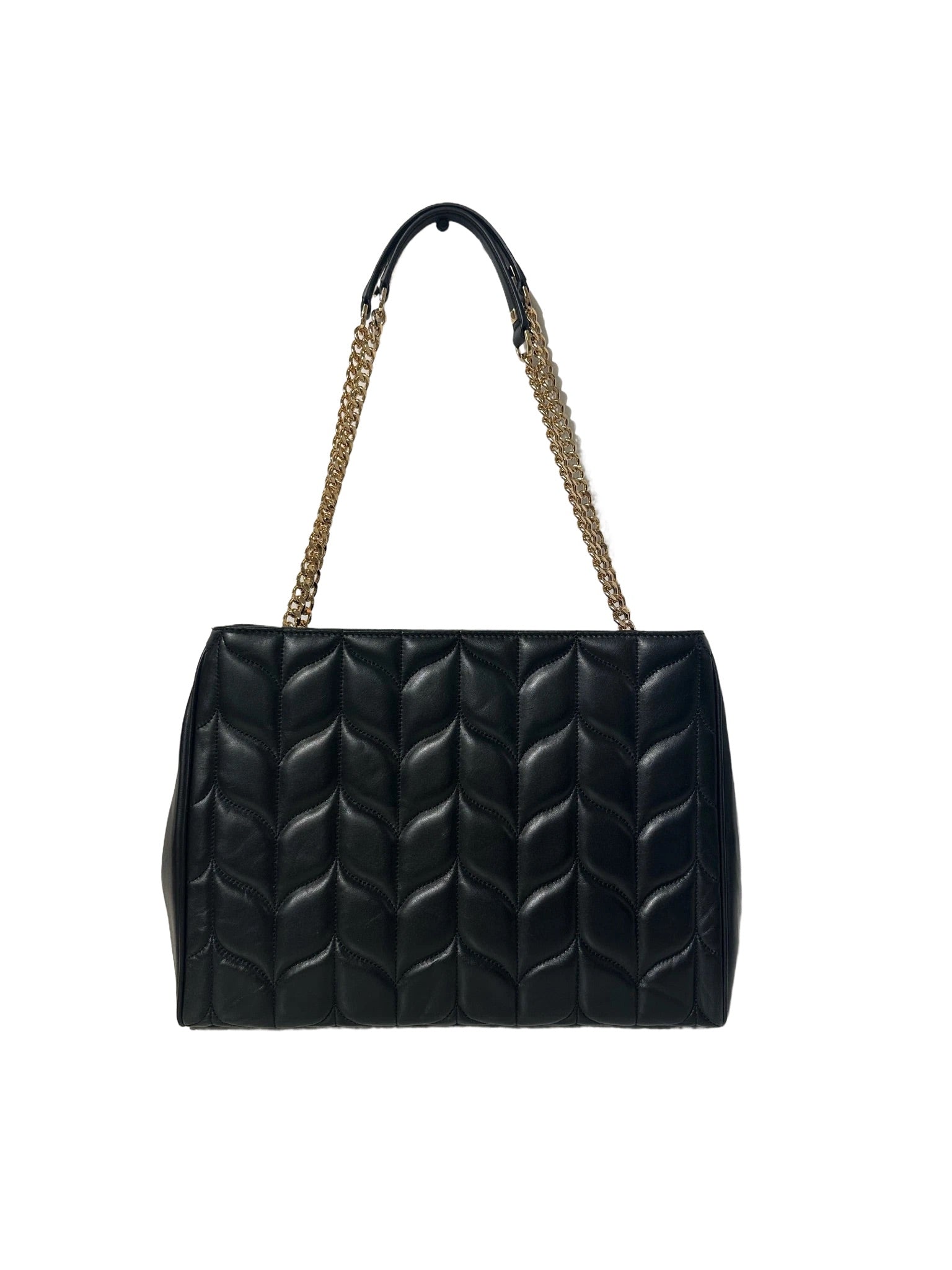 Black Quilted Leather Tote w Gold Chain