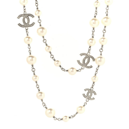 Graduated Pearl Crystal CC Long Necklace Silver