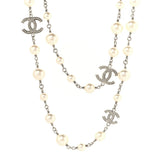 Graduated Pearl Crystal CC Long Necklace Silver
