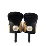 Beige/Black Leather and Canvas CC Pearl Embellished Heel Mules 39