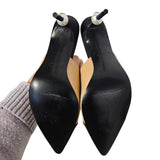 Beige/Black Leather and Canvas CC Pearl Embellished Heel Mules 39