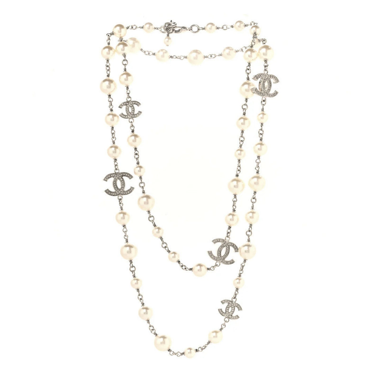 Graduated Pearl Crystal CC Long Necklace Silver