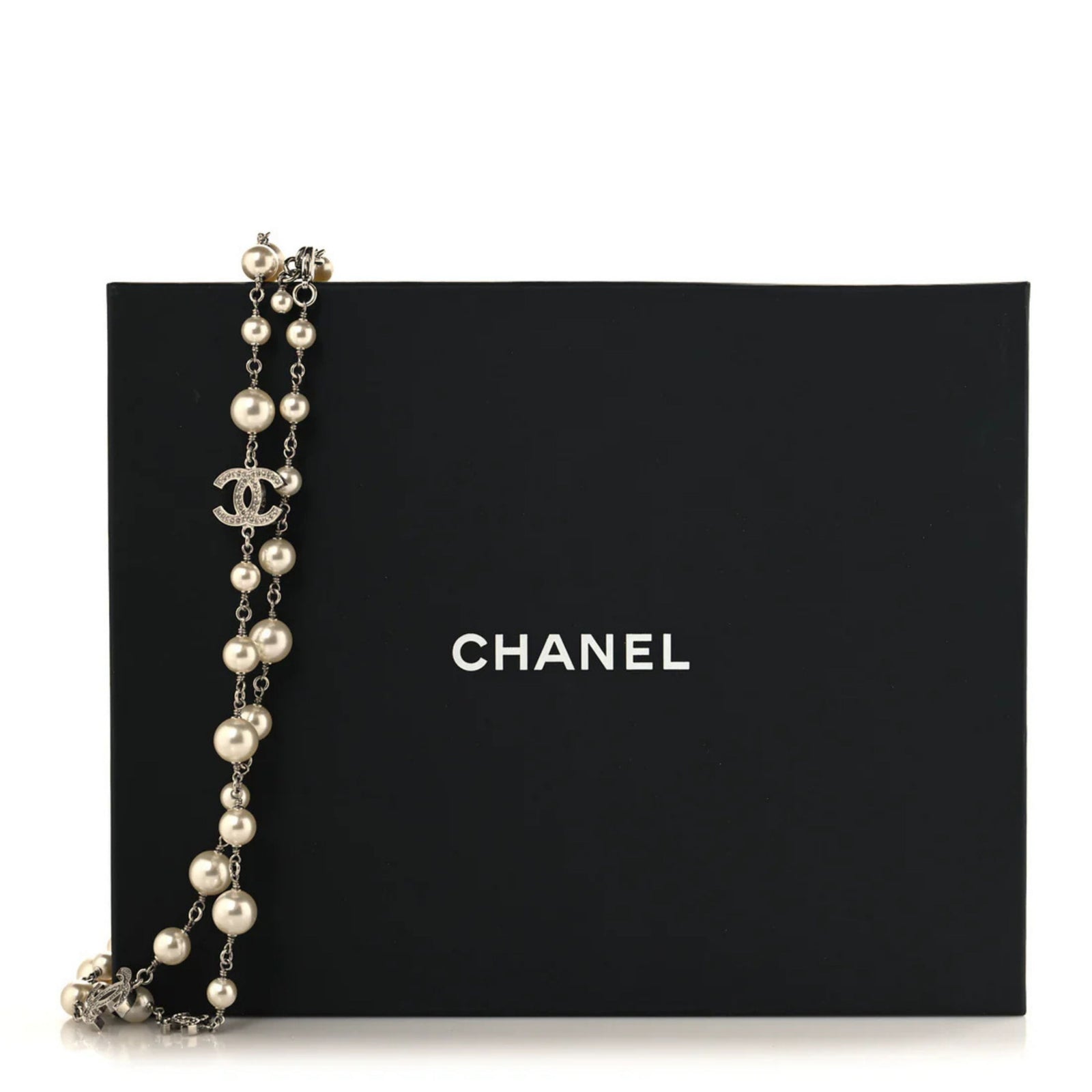 Graduated Pearl Crystal CC Long Necklace Silver