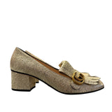 Gold Crackled Leather GG Marmont Fringe Block Heel Pumps 40