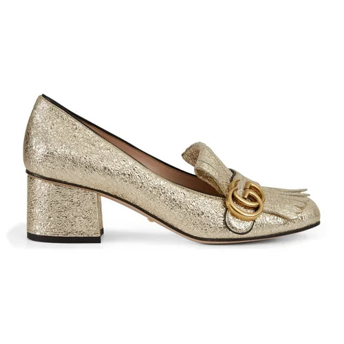Gold Crackled Leather GG Marmont Fringe Block Heel Pumps 40
